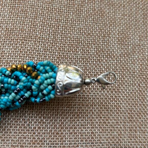 Turquoise and Gold Beaded Chocker Rope-Twist Beaded Necklace 19" - Picture 10 of 13